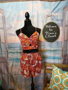 BOG Collection Tropical Leaf Print Two-Piece Crop Top & Shorts Set - Orange